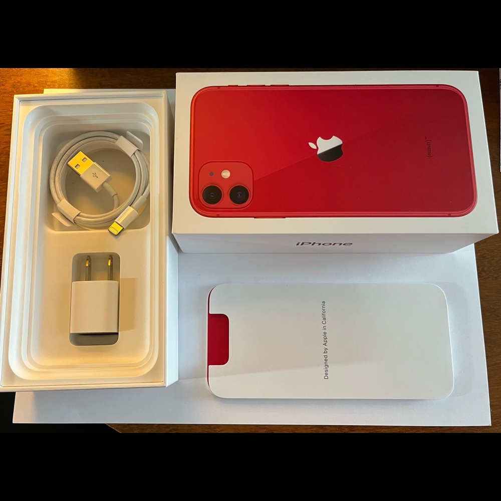 iPhone 12 Empty Box Red with Sims Tool, power adapter and lighting to usb cable